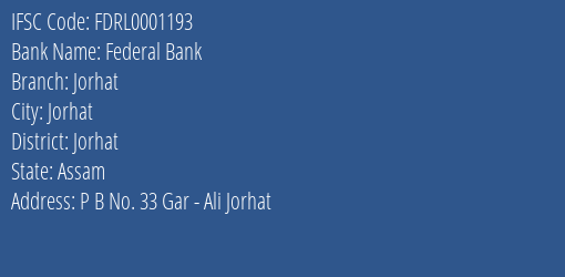 Federal Bank Jorhat Branch, Branch Code 001193 & IFSC Code FDRL0001193