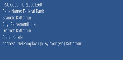 Federal Bank Kottathur Branch Kottathur IFSC Code FDRL0001260