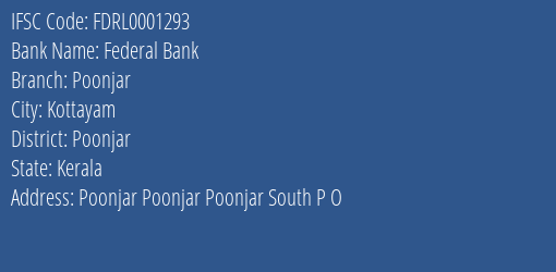 Federal Bank Poonjar Branch, Branch Code 001293 & IFSC Code FDRL0001293