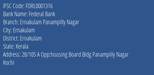 Federal Bank Ernakulam Panampilly Nagar Branch, Branch Code 001316 & IFSC Code FDRL0001316