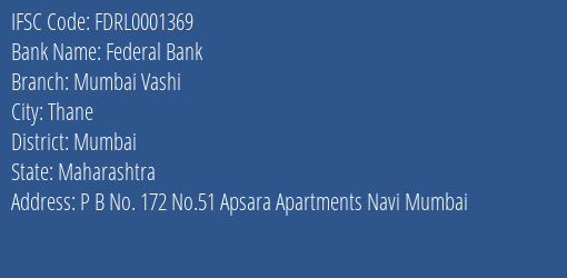 Federal Bank Mumbai Vashi Branch, Branch Code 001369 & IFSC Code FDRL0001369