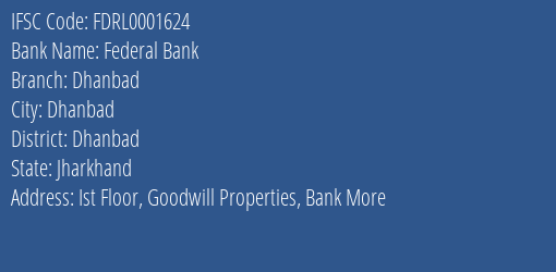 Federal Bank Dhanbad Branch, Branch Code 001624 & IFSC Code FDRL0001624