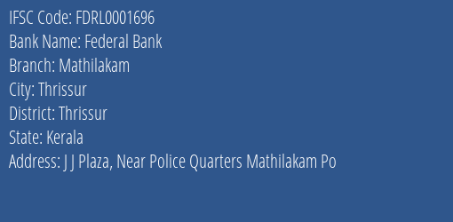 Federal Bank Mathilakam Branch Thrissur IFSC Code FDRL0001696
