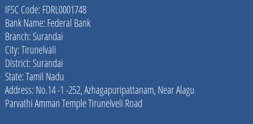 Federal Bank Surandai Branch Surandai IFSC Code FDRL0001748
