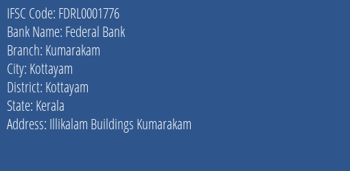 Federal Bank Kumarakam Branch, Branch Code 001776 & IFSC Code FDRL0001776