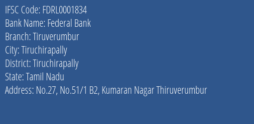 Federal Bank Tiruverumbur Branch Tiruchirapally IFSC Code FDRL0001834