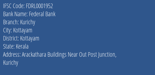 Federal Bank Kurichy Branch, Branch Code 001952 & IFSC Code FDRL0001952
