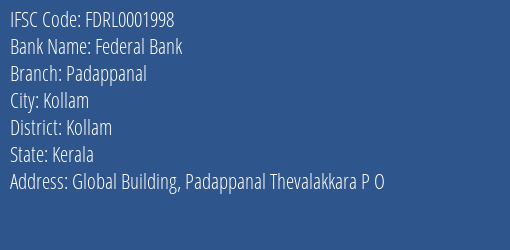 Federal Bank Padappanal Branch IFSC Code