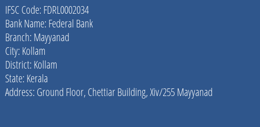 Federal Bank Mayyanad Branch IFSC Code