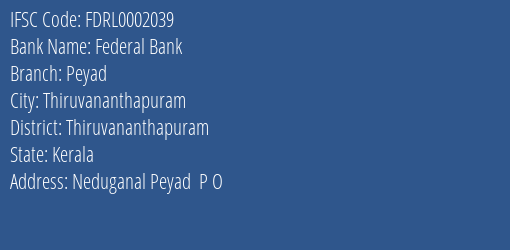 Federal Bank Peyad Branch Thiruvananthapuram IFSC Code FDRL0002039