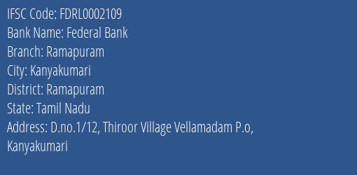 Federal Bank Ramapuram Branch Ramapuram IFSC Code FDRL0002109