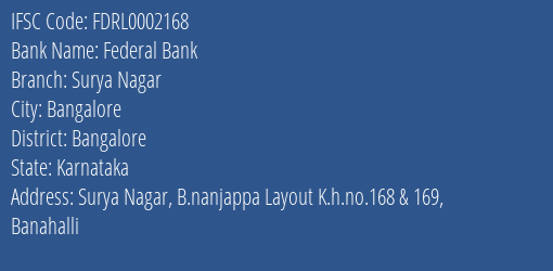 Federal Bank Surya Nagar Branch, Branch Code 002168 & IFSC Code Fdrl0002168