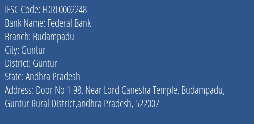 Federal Bank Budampadu Branch, Branch Code 002248 & IFSC Code FDRL0002248