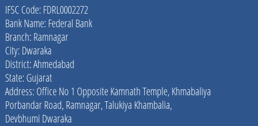Federal Bank Ramnagar Branch, Branch Code 002272 & IFSC Code FDRL0002272