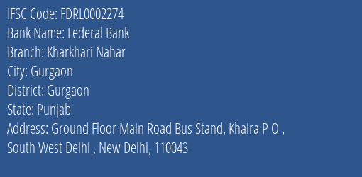 Federal Bank Kharkhari Nahar Branch, Branch Code 002274 & IFSC Code FDRL0002274