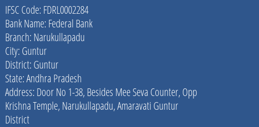 Federal Bank Narukullapadu Branch, Branch Code 002284 & IFSC Code FDRL0002284