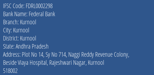 Federal Bank Kurnool Branch, Branch Code 002298 & IFSC Code FDRL0002298
