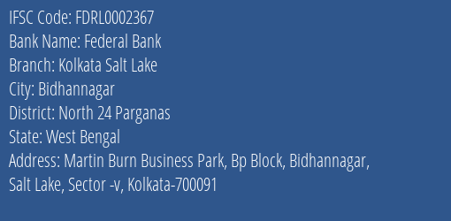Federal Bank Kolkata Salt Lake Branch, Branch Code 002367 & IFSC Code FDRL0002367