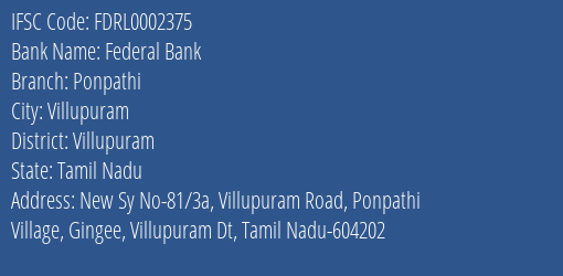 Federal Bank Ponpathi Branch Villupuram IFSC Code FDRL0002375