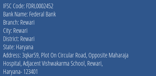 Federal Bank Rewari Branch, Branch Code 2452 & IFSC Code FDRL0002452