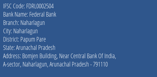Federal Bank Naharlagun Branch Papum Pare IFSC Code FDRL0002504