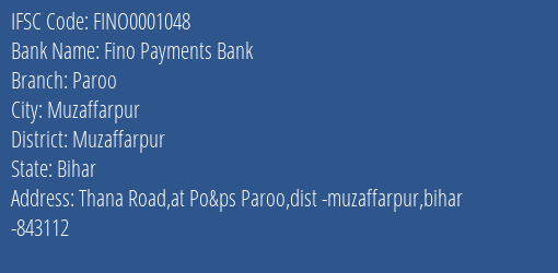 Fino Payments Bank Paroo Branch, Branch Code 001048 & IFSC Code FINO0001048