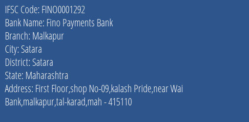 Fino Payments Bank Malkapur Branch, Branch Code 001292 & IFSC Code FINO0001292