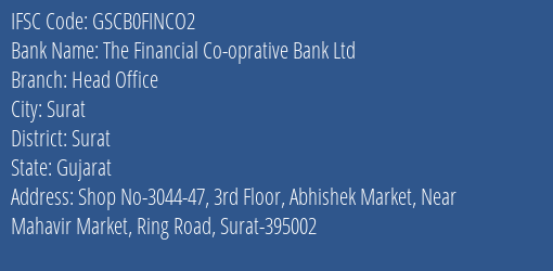 The Financial Co-oprative Bank Ltd Head Office Branch, Branch Code FINCO2 & IFSC Code GSCB0FINCO2