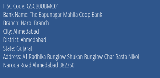 The Bapunagar Mahila Coop Bank Narol Branch Branch, Branch Code UBMC01 & IFSC Code GSCB0UBMC01