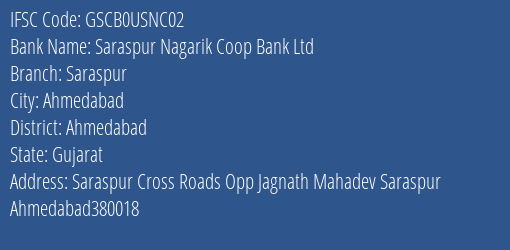 Saraspur Nagarik Coop Bank Ltd Saraspur Branch, Branch Code USNC02 & IFSC Code GSCB0USNC02
