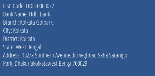 Hdfc Bank Kolkata Golpark Branch IFSC Code