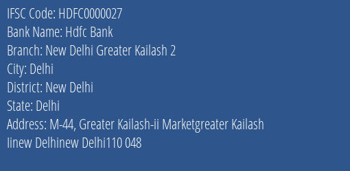 Hdfc Bank New Delhi Greater Kailash 2 Branch IFSC Code