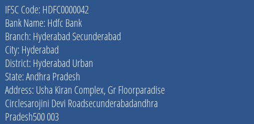 Hdfc Bank Hyderabad Secunderabad Branch Hyderabad Urban IFSC Code HDFC0000042