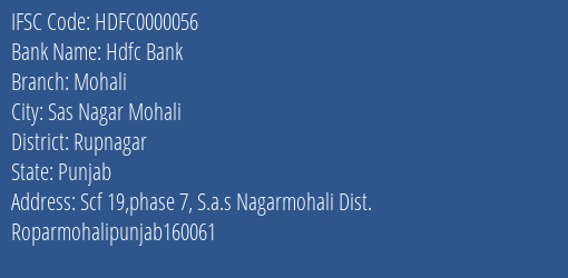 Hdfc Bank Mohali Branch, Branch Code 000056 & IFSC Code HDFC0000056