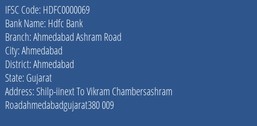 Hdfc Bank Ahmedabad Ashram Road Branch, Branch Code 000069 & IFSC Code HDFC0000069