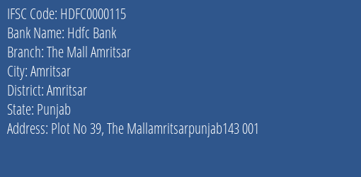 Hdfc Bank The Mall Amritsar Branch, Branch Code 000115 & IFSC Code HDFC0000115