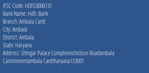 Hdfc Bank Ambala Cantt Branch, Branch Code 000131 & IFSC Code HDFC0000131