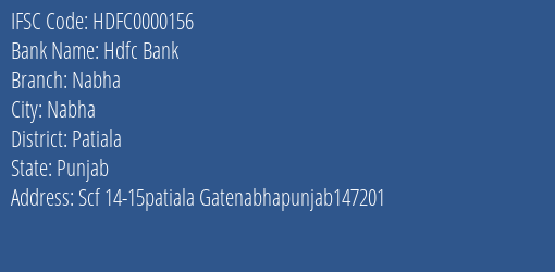 Hdfc Bank Nabha Branch Patiala IFSC Code HDFC0000156