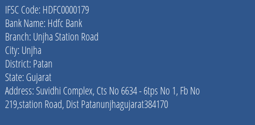 Hdfc Bank Unjha Station Road Branch, Branch Code 000179 & IFSC Code HDFC0000179