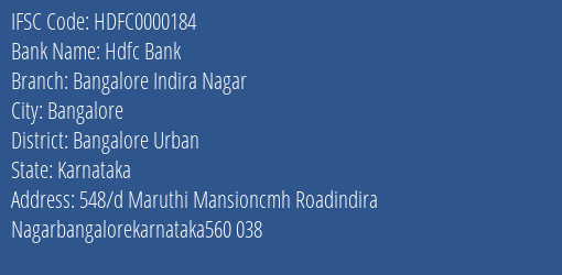 Hdfc Bank Bangalore Indira Nagar Branch, Branch Code 000184 & IFSC Code HDFC0000184