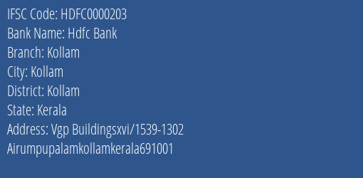 Hdfc Bank Kollam Branch, Branch Code 000203 & IFSC Code HDFC0000203