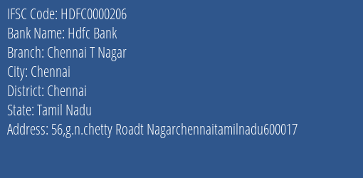 Hdfc Bank Chennai T Nagar Branch, Branch Code 000206 & IFSC Code HDFC0000206