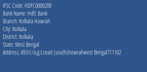 Hdfc Bank Kolkata Howrah Branch, Branch Code 000208 & IFSC Code HDFC0000208