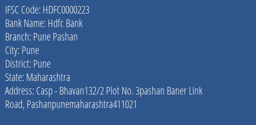 Hdfc Bank Pune Pashan Branch, Branch Code 000223 & IFSC Code HDFC0000223