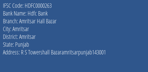 Hdfc Bank Amritsar Hall Bazar Branch Amritsar IFSC Code HDFC0000263