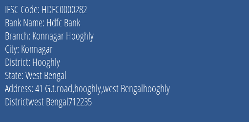 Hdfc Bank Konnagar Hooghly Branch, Branch Code 000282 & IFSC Code HDFC0000282