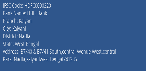 Hdfc Bank Kalyani Branch, Branch Code 000320 & IFSC Code HDFC0000320
