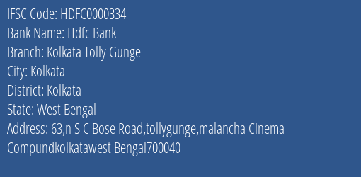 Hdfc Bank Kolkata Tolly Gunge Branch, Branch Code 000334 & IFSC Code HDFC0000334