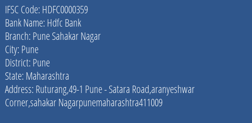 Hdfc Bank Pune Sahakar Nagar Branch, Branch Code 000359 & IFSC Code HDFC0000359