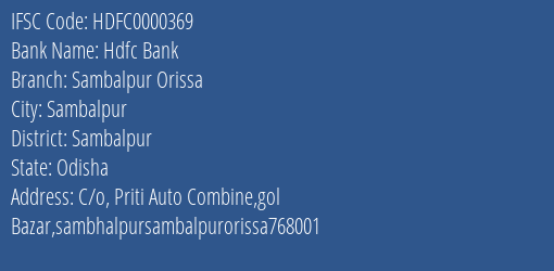 Hdfc Bank Sambalpur Orissa Branch Sambalpur IFSC Code HDFC0000369